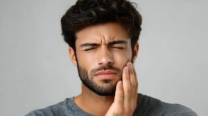 Man in pain, in need of TMJ treatment