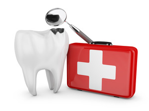 Illustration of tooth next to medical kit and dental mirror